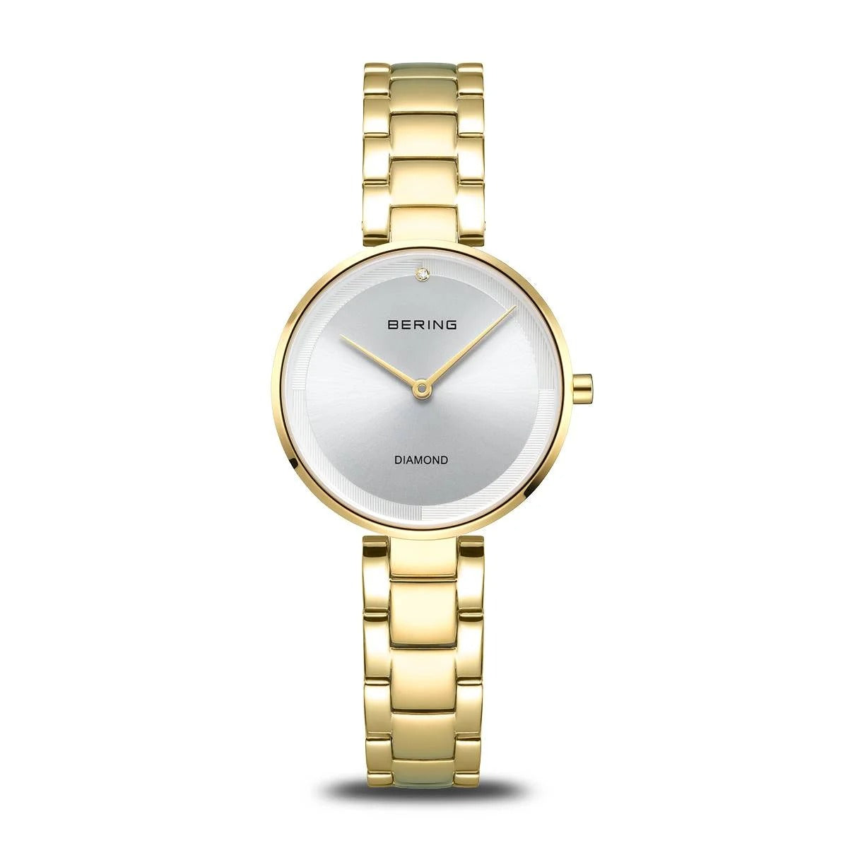 Reloj de esfera plateada con correa dorada y diseño minimalista de Bering.