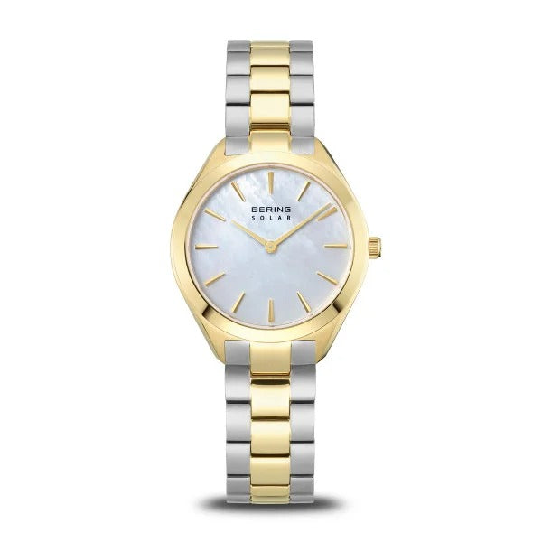 Reloj de dama Bering con esfera plateada y correa bicolor de acero inoxidable dorado y plateado.