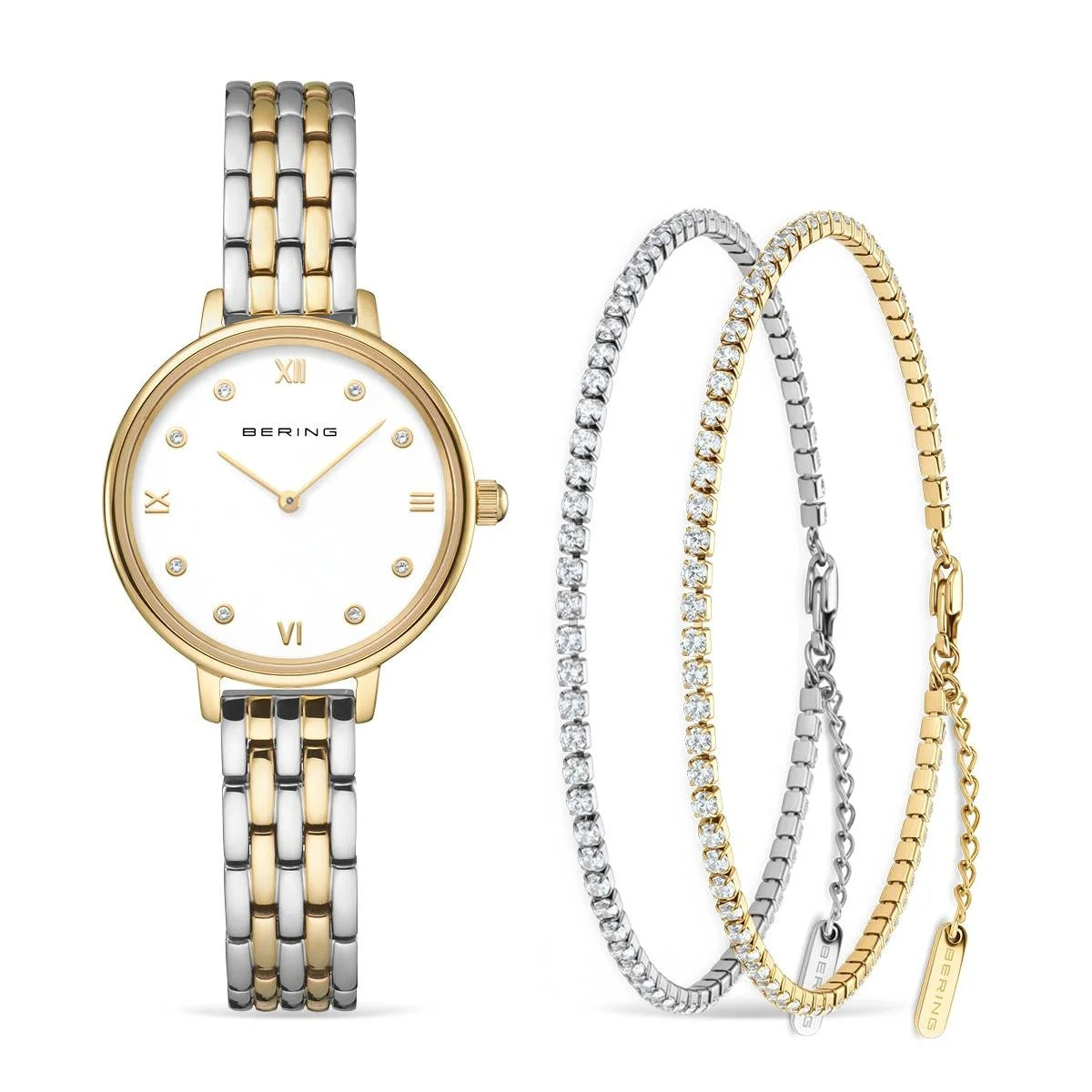 Reloj de dama Bering con esfera blanca, caja dorada y pulsera de acero bicolor.