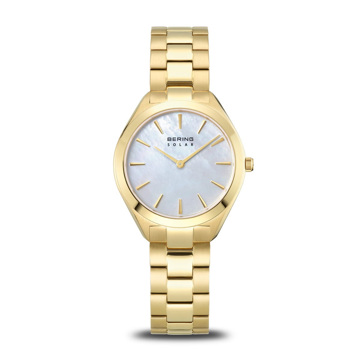 Reloj de dama Bering con esfera plateada y correa dorada de acero inoxidable.