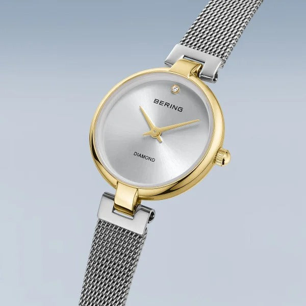 Reloj de mujer Bering – Classic, chapado en oro con banda milanesa de plata