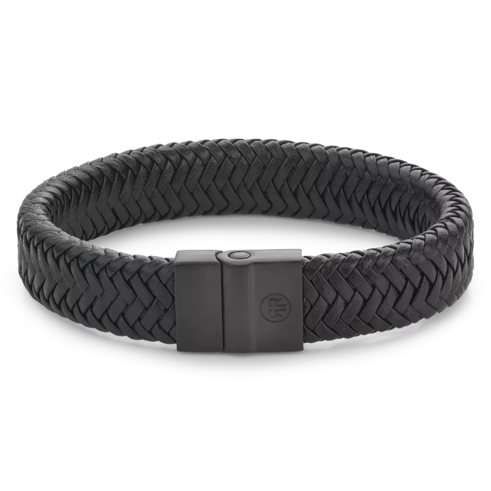 Pulsera de cuero trenzado negro con cierre metálico negro de 15 mm de ancho.