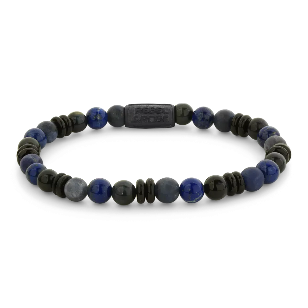 Pulsera de hombre de 6 mm con cuentas en tonos azules y detalles en negro.
