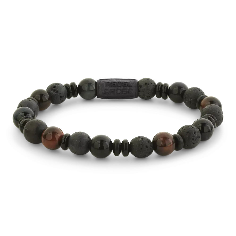 Pulsera de 8 mm con cuentas negras, grises y marrones, de diseño variado y textura mate.