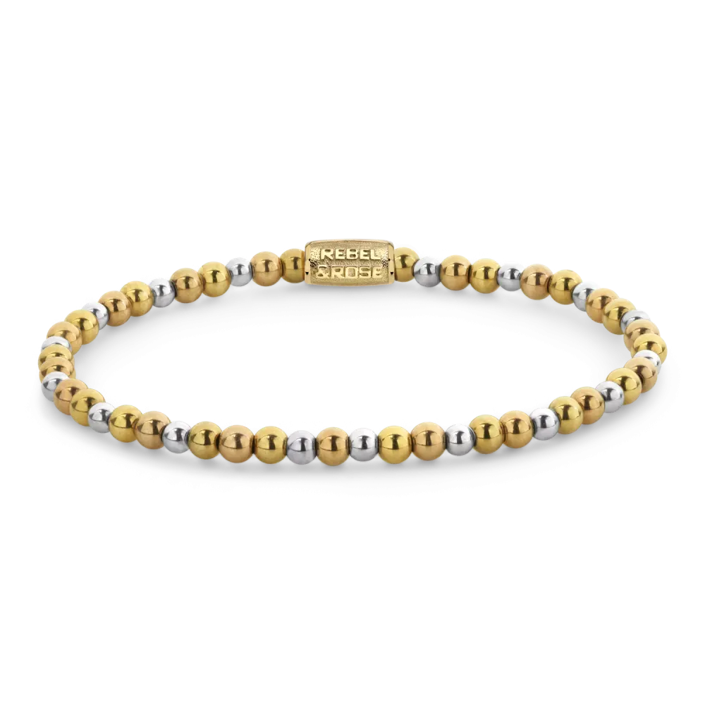 Pulsera de tres colores con cuentas doradas, plateadas y blancas.