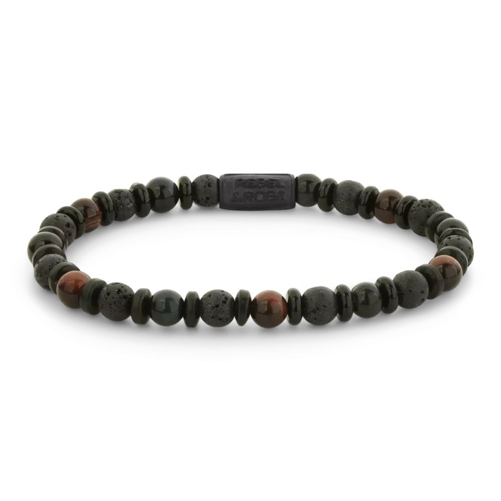 Pulsera de piedras negras y marrones con detalles en forma de cuentas.