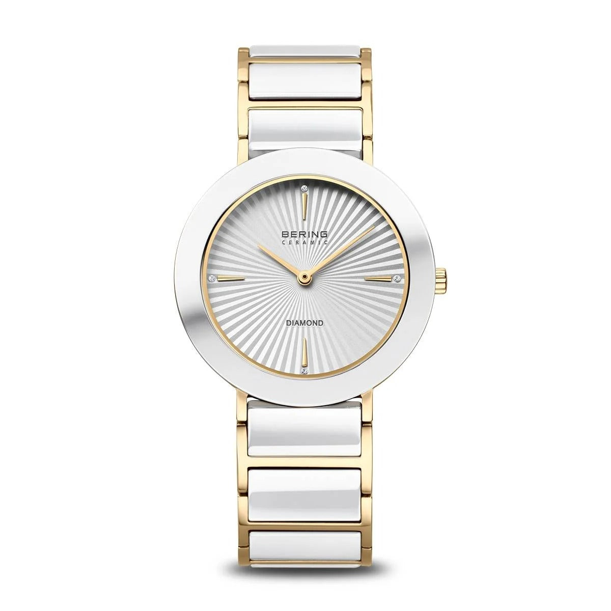 Reloj Bering de cerámica con esfera plateada y detalles dorados, correa blanca y diseño moderno.