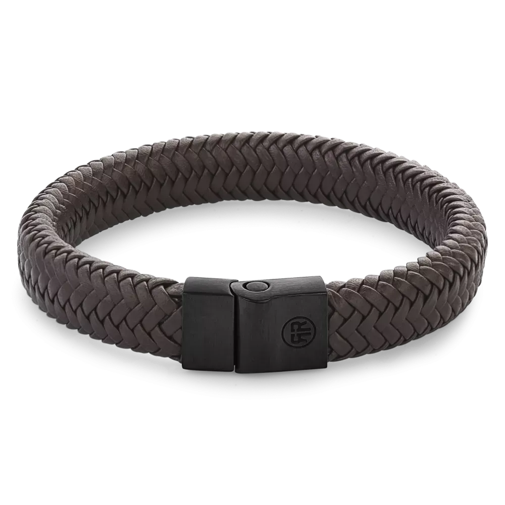 Pulsera de metal trenzado en tonos marrones y negros con cierre negro.