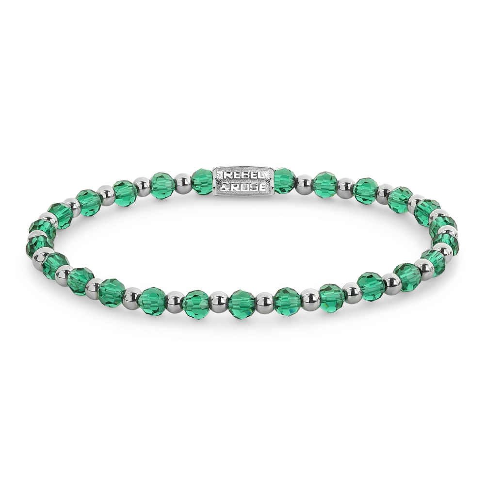Pulsera de piedras verdes y plateadas con cristales brillantes.