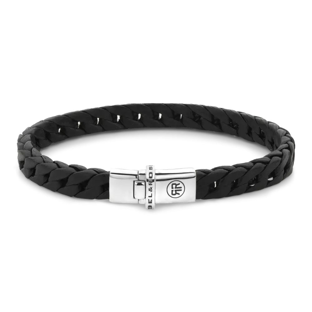 Pulsera trenzada pequeña negra con cierre plateado y detalles brillantes.