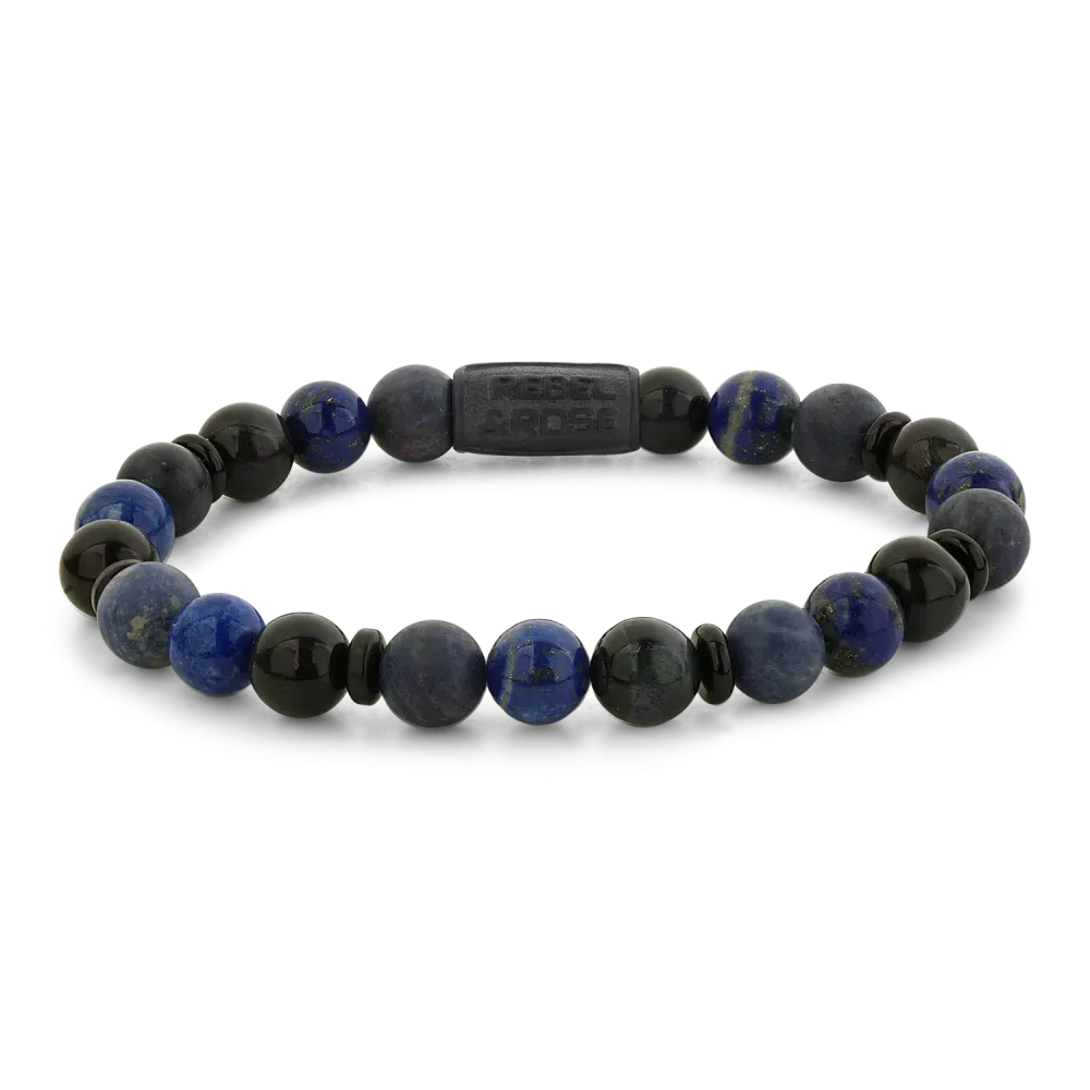 Pulsera de 8 mm con cuentas de lapislázuli y ónix en tonos azules y negros.