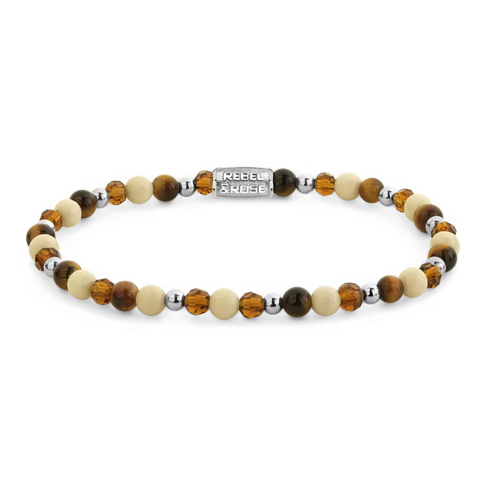 Pulsera de piedras en tonos marrones y beige con detalles plateados.