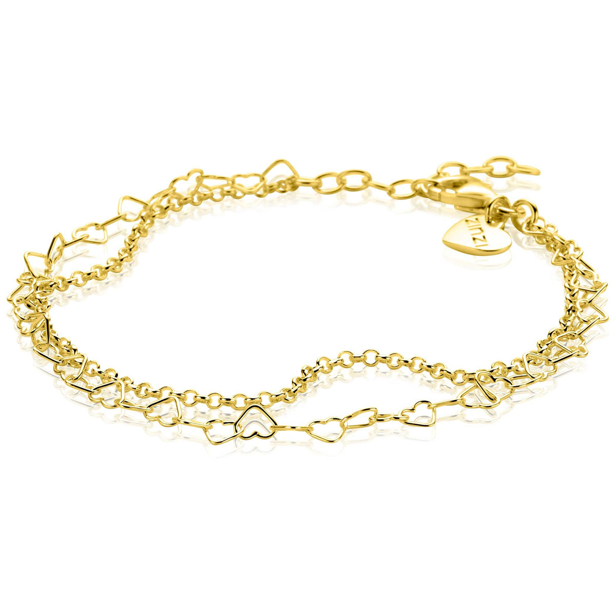 Pulsera dorada con eslabones y pequeños corazones en forma de charm.