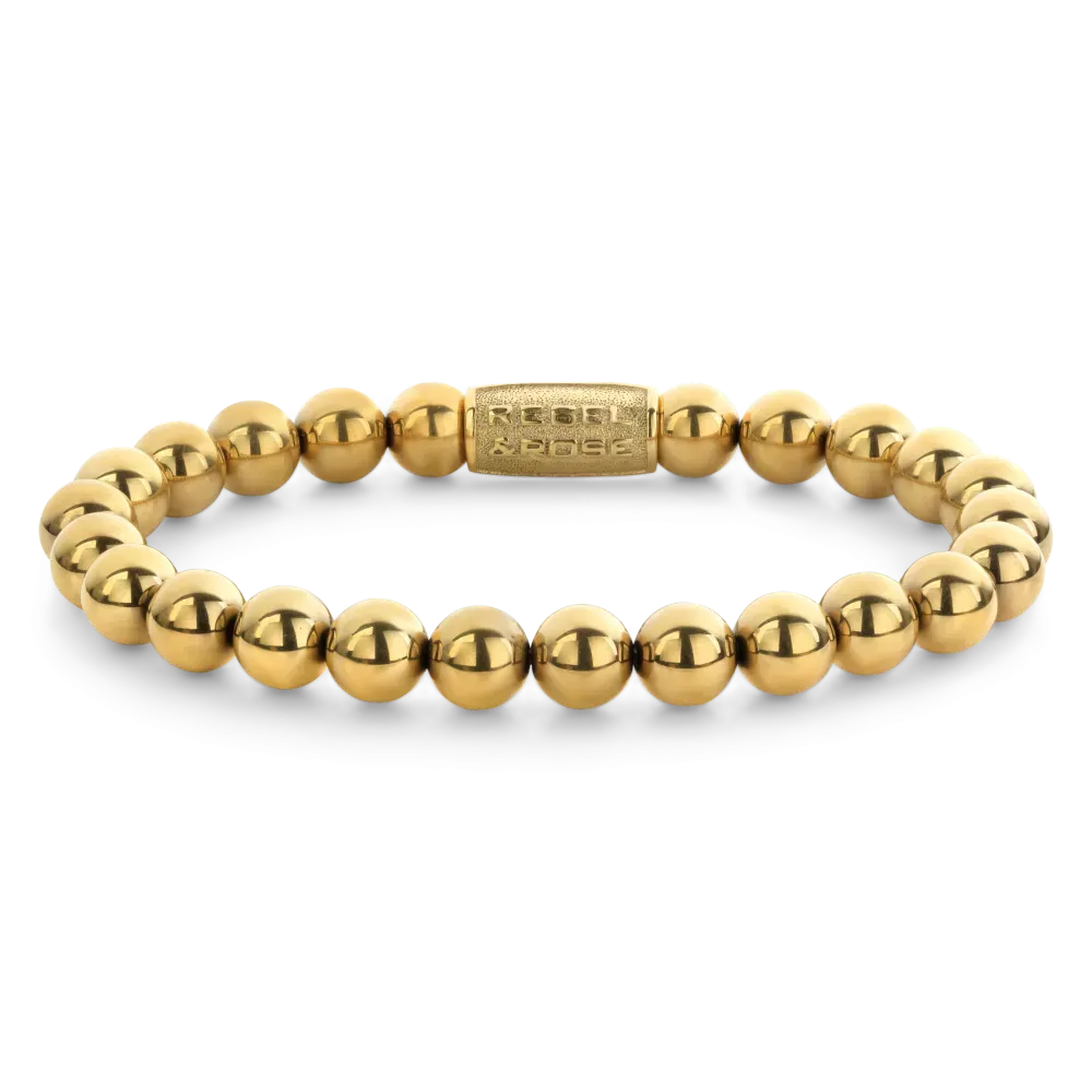 Pulsera de cuentas de 8 mm en color dorado, con esferas brillantes y cierre rectangular.
