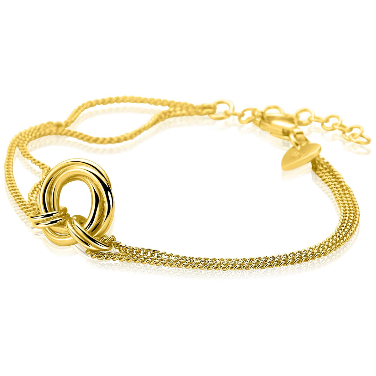 Pulsera dorada con diseño de eslabones y un colgante en forma de anillo entrelazado.
