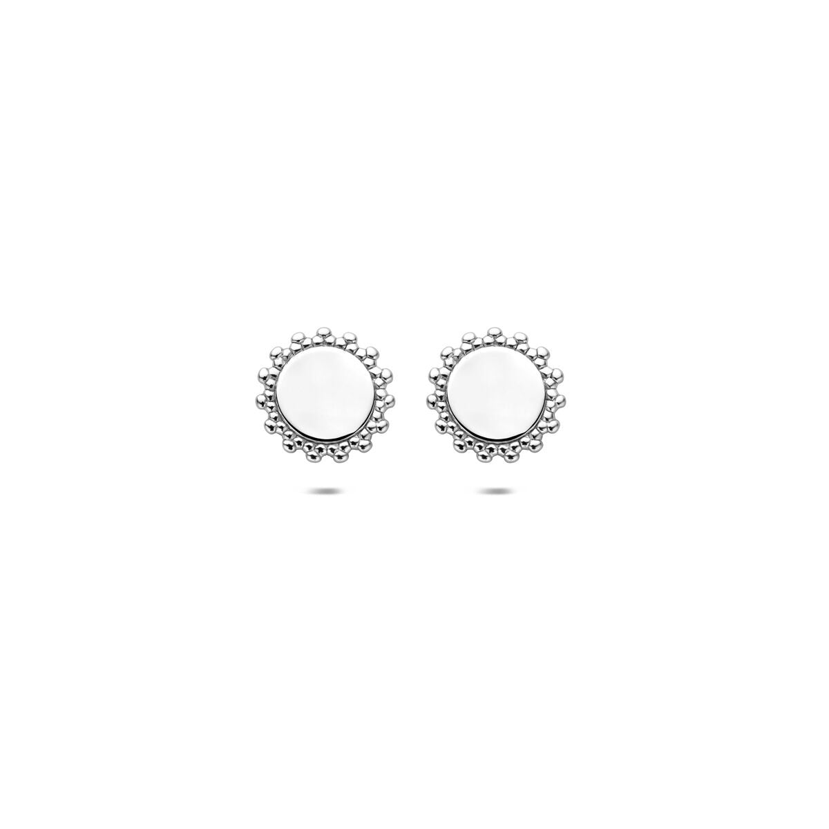 Pendientes de plata redondos de 7,5 mm, con acabado rodiado y detalle de bolitas.