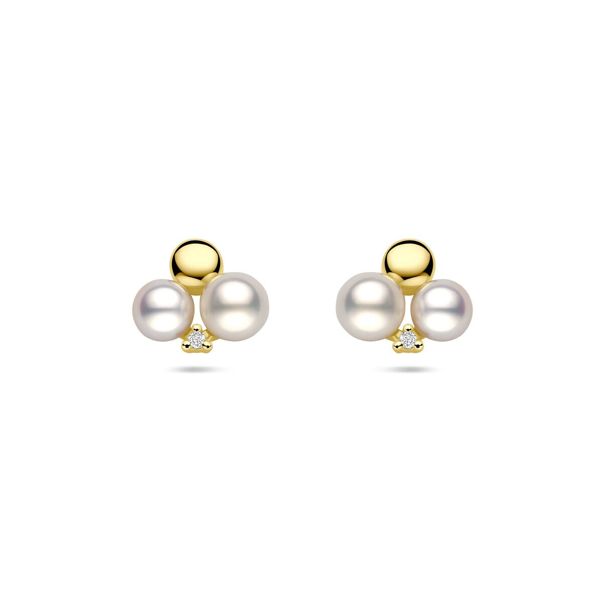 Pendientes de perla y diamante en oro de 14k, con dos perlas y un pequeño diamante de 0.02 ct.