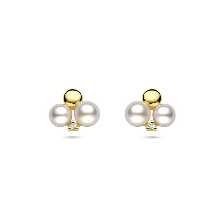 Gouden oorbellen met parel en diamant – 14k dames oorknopjes 0.02ct (2x 0.01ct) h si 9 mm