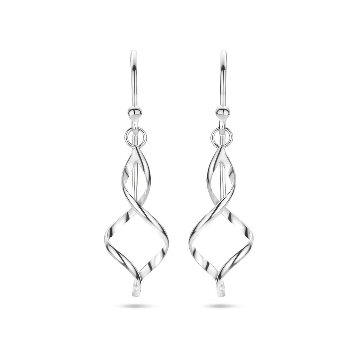Pendientes largos de plata rhodium con diseño en espiral y perlas en la parte inferior.