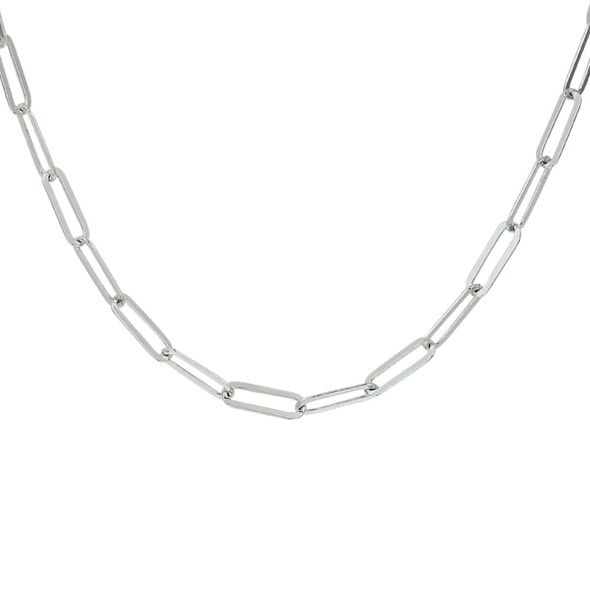Cadena de eslabones en plata rhodiumada 925, con forma de clip de papel y acabado brillante.
