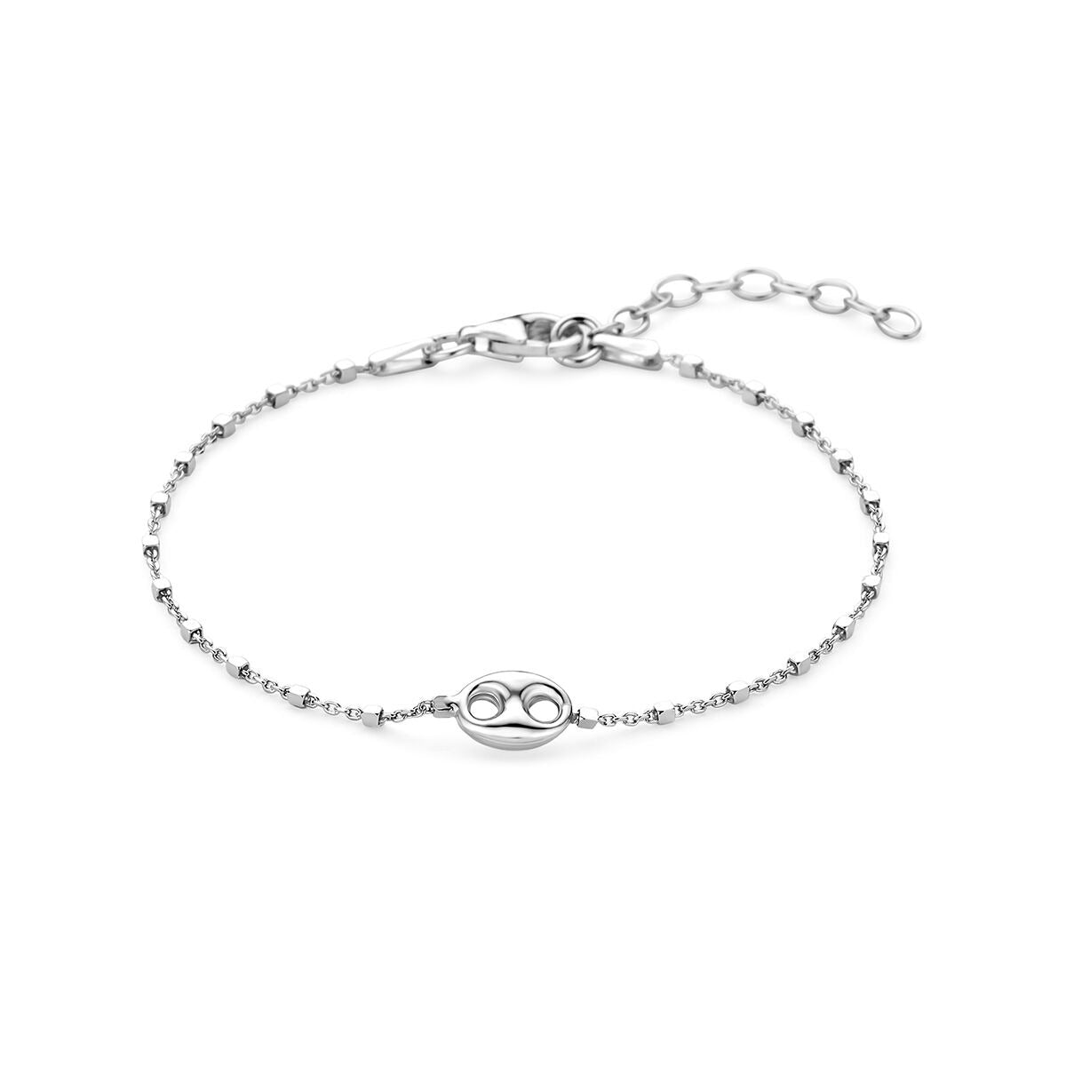 Pulsera de plata 925 con diseño de granos de café y acabado en rodio.