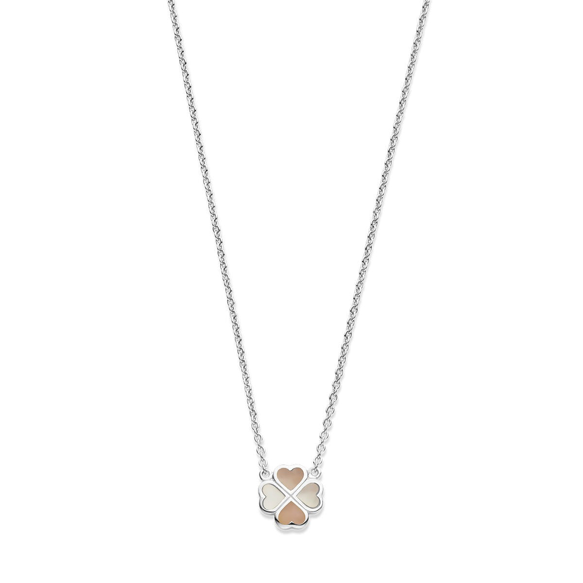 Collar infantil de plata con colgante de trébol, rodiado, con detalles en nácar rosa y blanco.