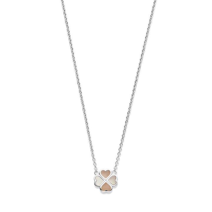 Zilveren kinderketting met klaverhanger – gerhodineerd met roze en wit parelmoer