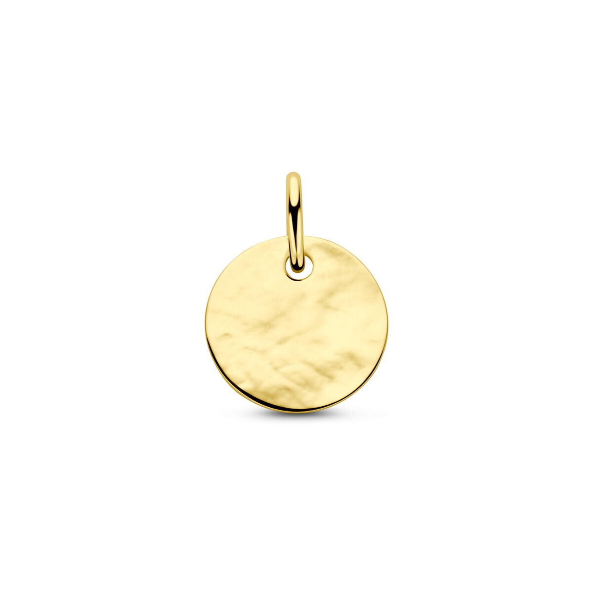 Colgante redondo de 9k en oro amarillo con acabado pulido y superficie texturizada.
