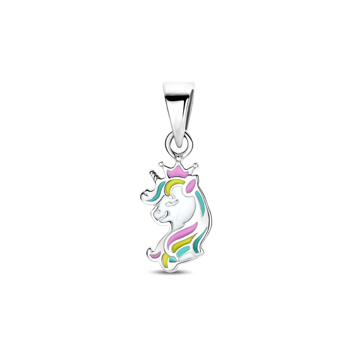 Colgante de unicornio plateado de 16 mm con detalles en colores rosa y azul.