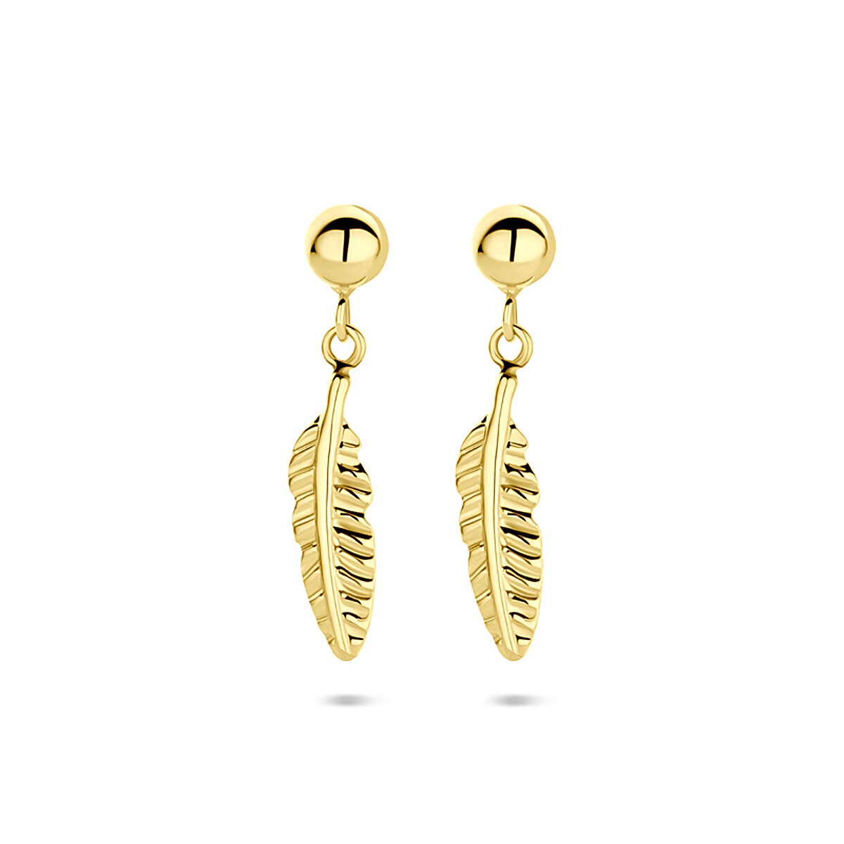 Pendientes largos de oro amarillo de 14k en forma de pluma de 17 mm.
