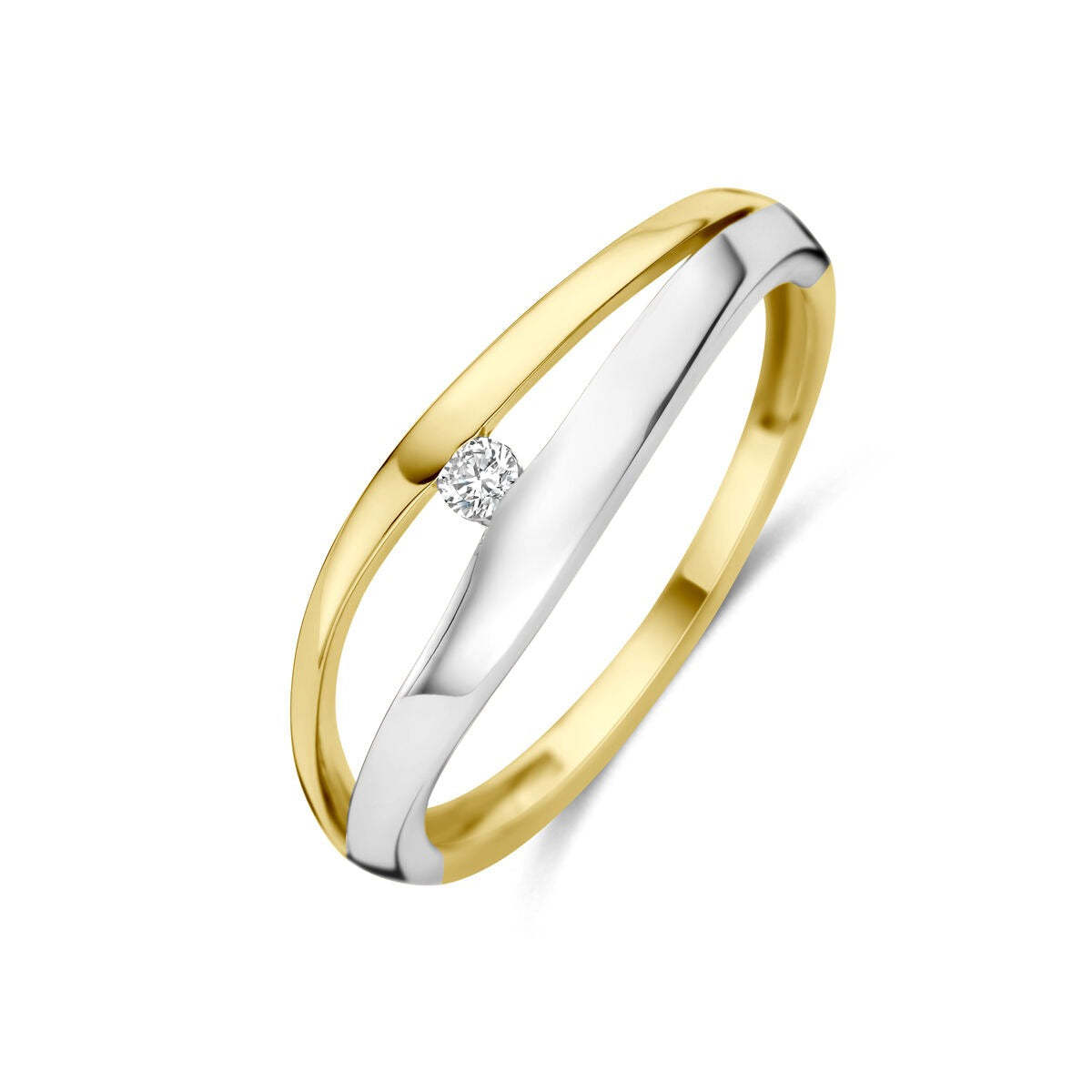 Anillo bicolor de dama en oro de 14k con diamante lab-grown en el centro.