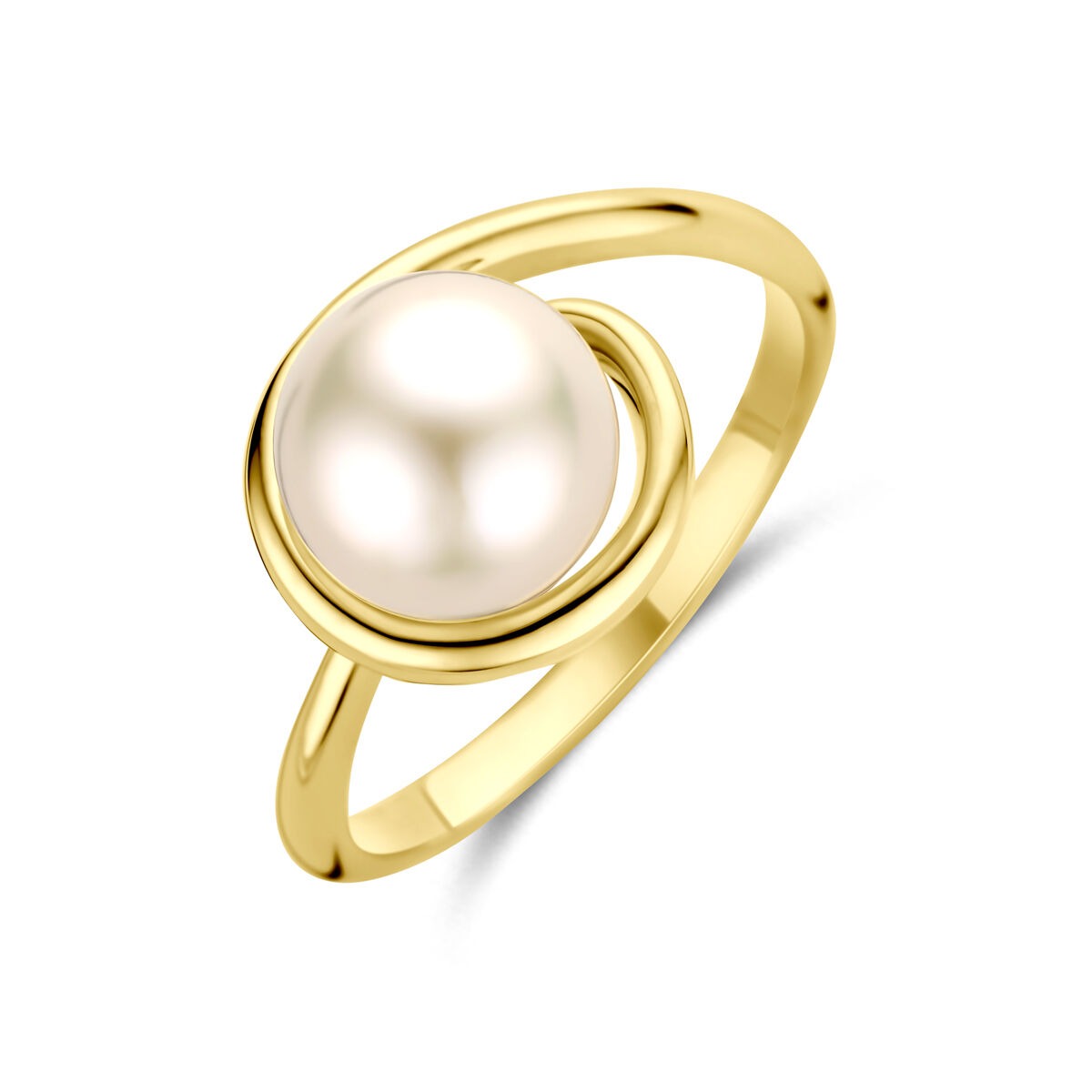 Anillo de oro amarillo de 14k con una perla central y diseño moderno.