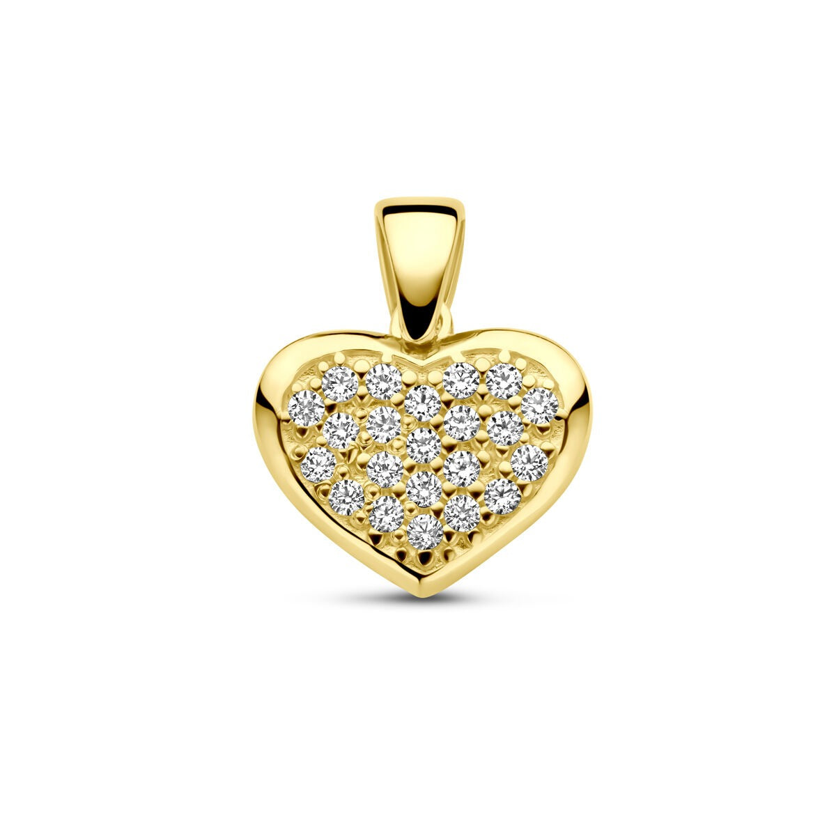 Colgante en forma de corazón de oro amarillo de 14k, decorado con circonitas brillantes.