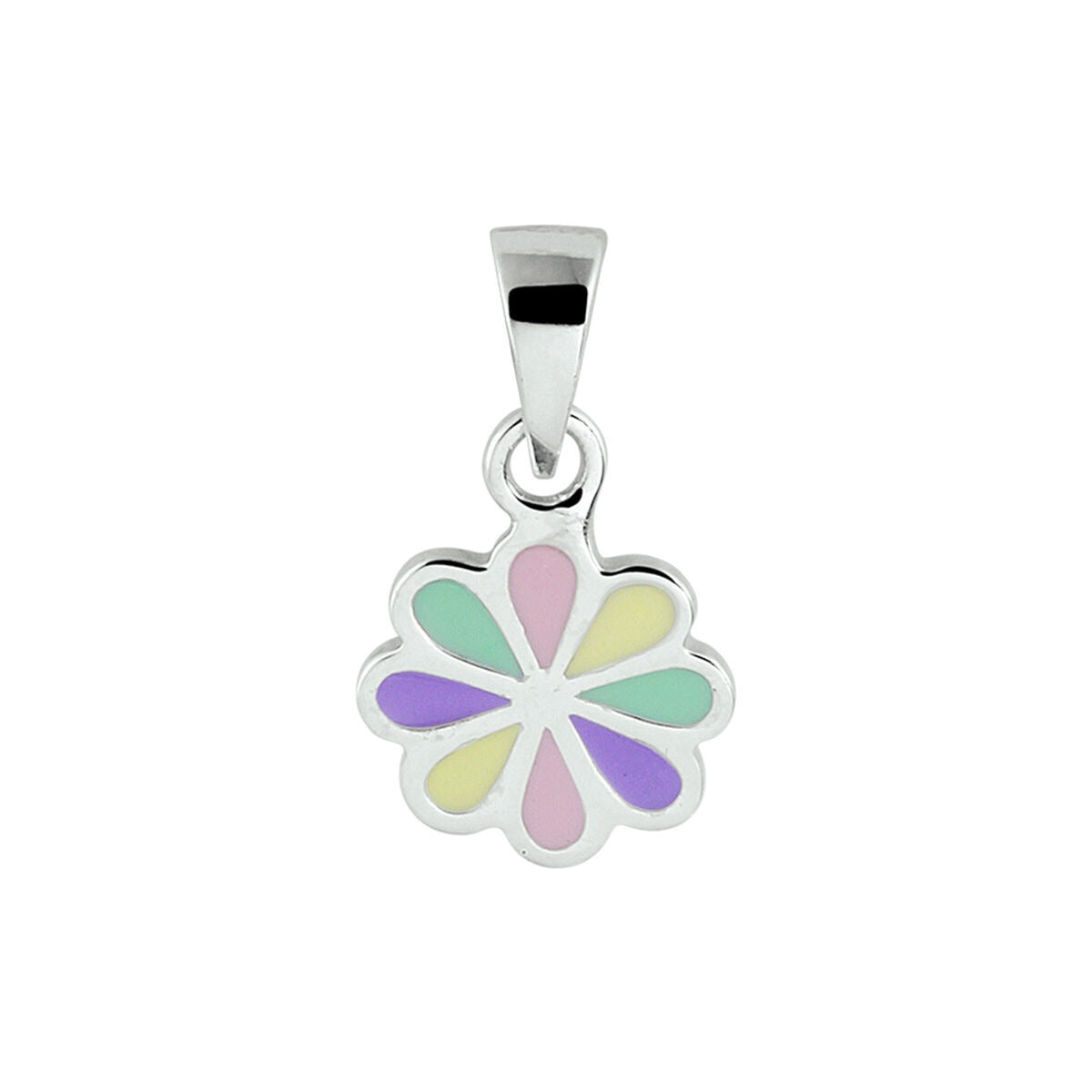 Colgante de flor plateado con esmalte colorido en tonos pastel.