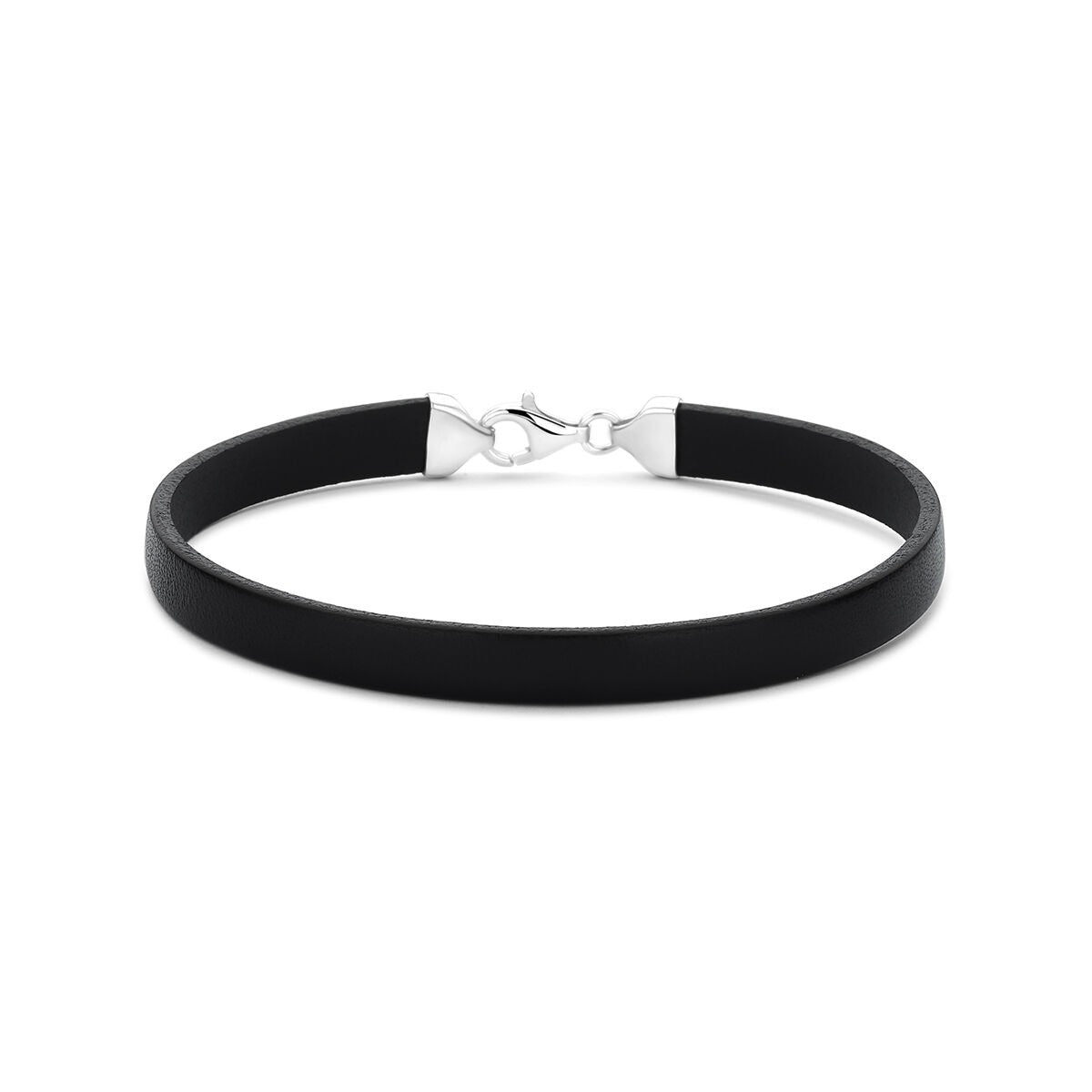 Pulsera de cuero negro para hombre con cierre plateado.