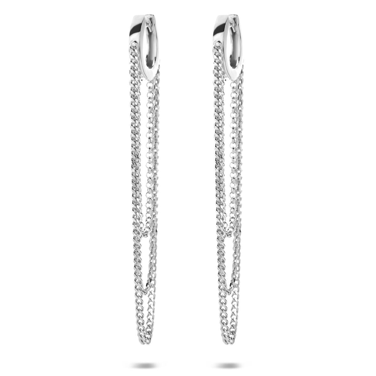 Aros de plata 925 con cadena, acabado en rodio, de forma alargada y diseño moderno.