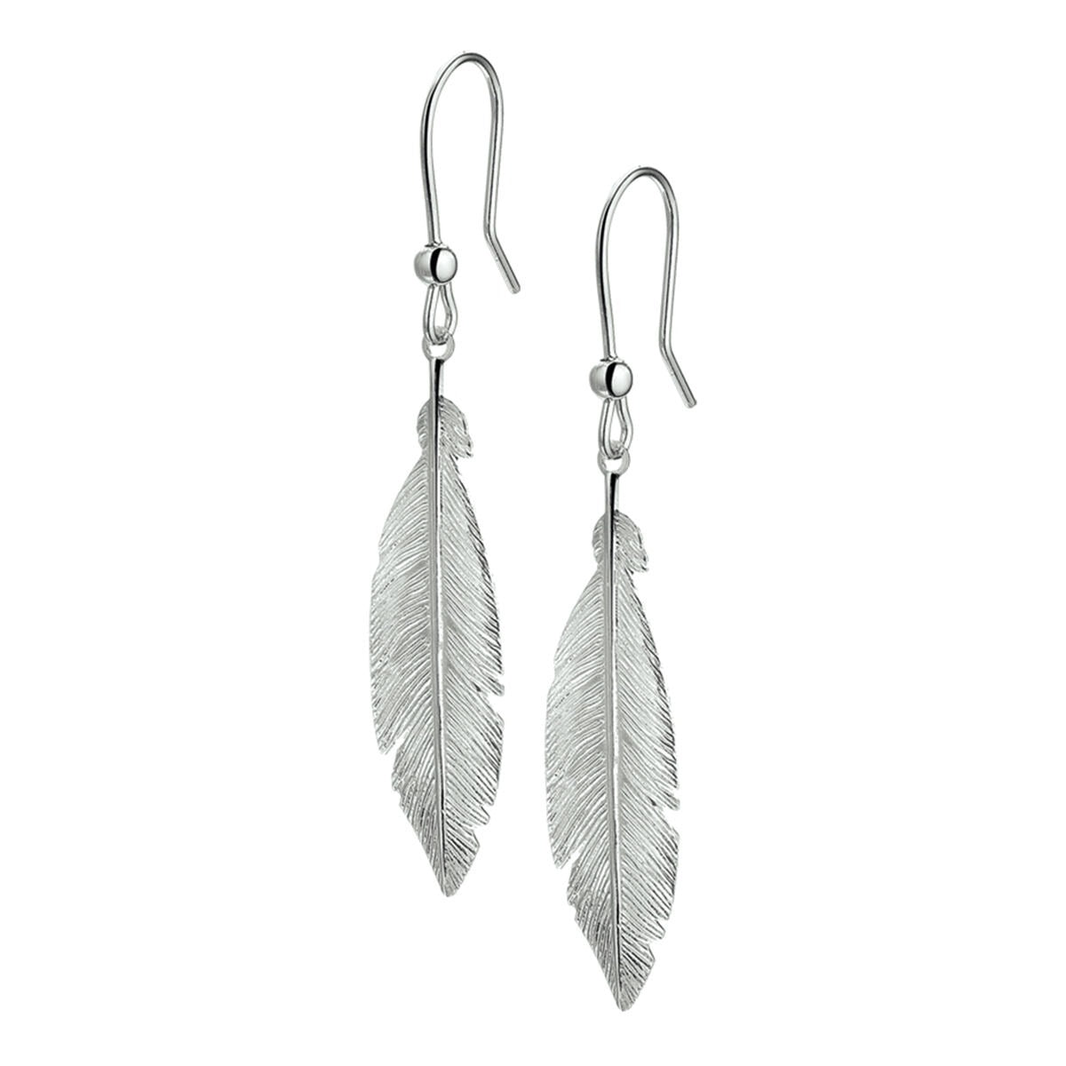 Pendientes largos de plata con forma de plumas, acabado rodiado, de 925.