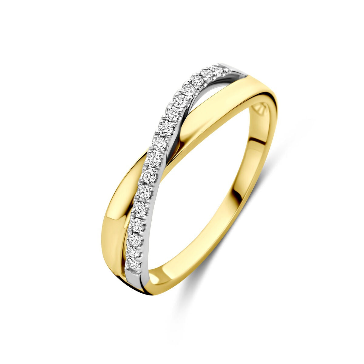 Anillo bicolor de 14k para dama con diamantes de 0.14 ct, diseño ondulado y 5 mm de ancho.