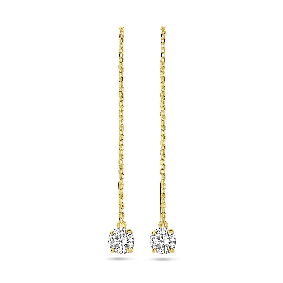 Pendientes largos de oro amarillo de 9k con circonitas brillantes.