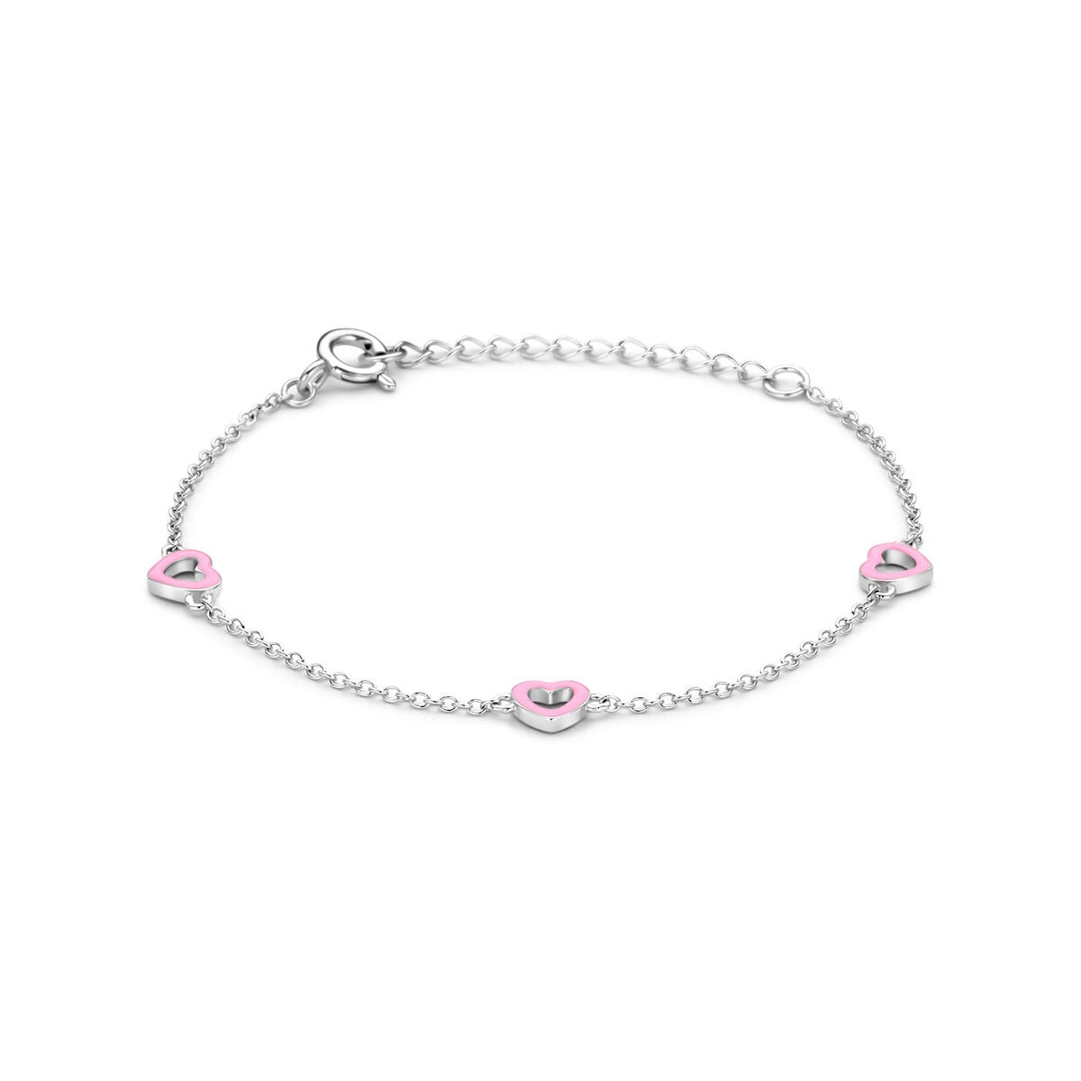 Pulsera infantil de plata rodiada con corazones rosas.