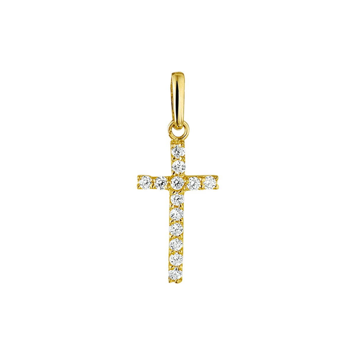 Colgante de cruz en oro amarillo de 9k con zirconitas brillantes.