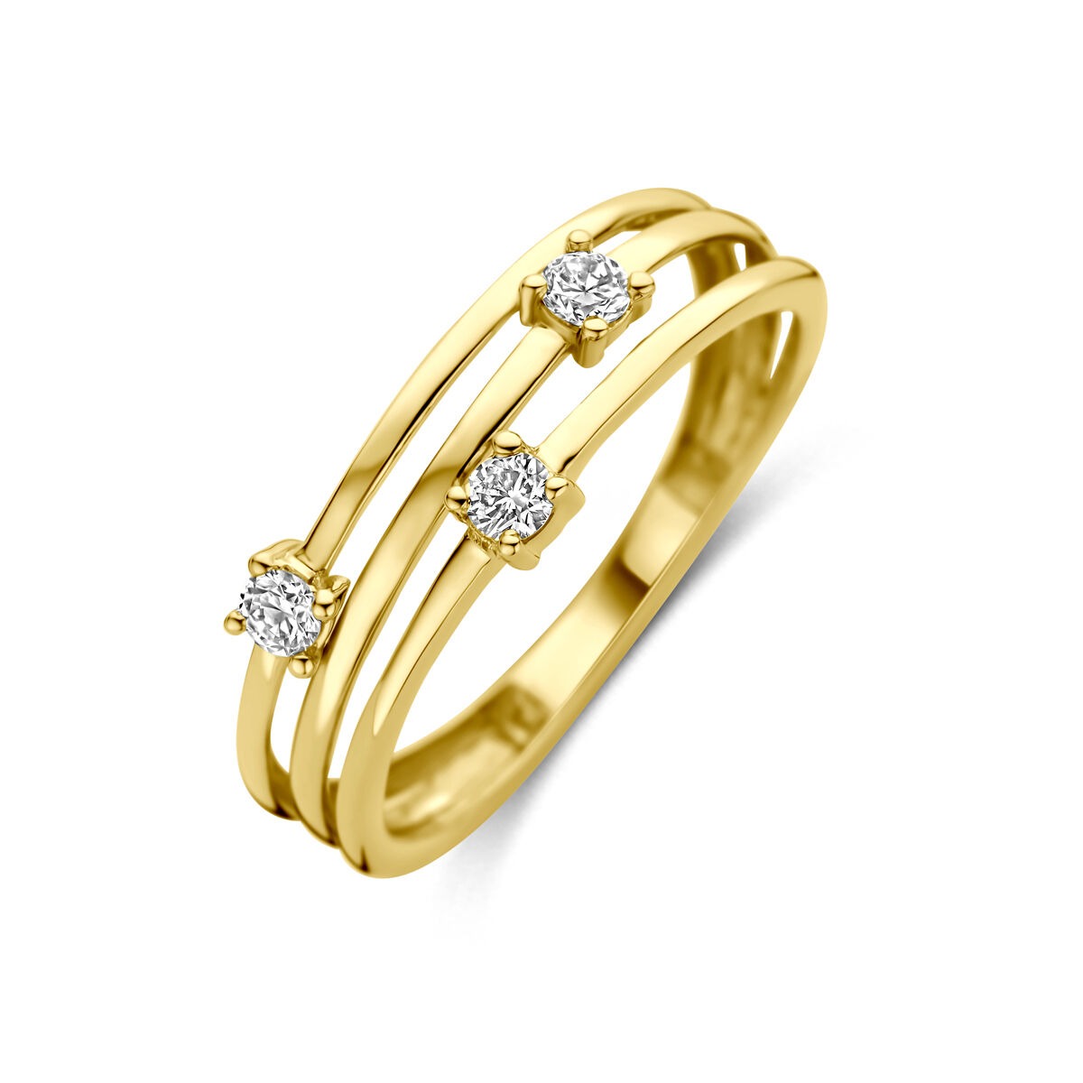 Anillo de oro amarillo de 14k con diamantes cultivados en laboratorio y diseño de tres piedras.