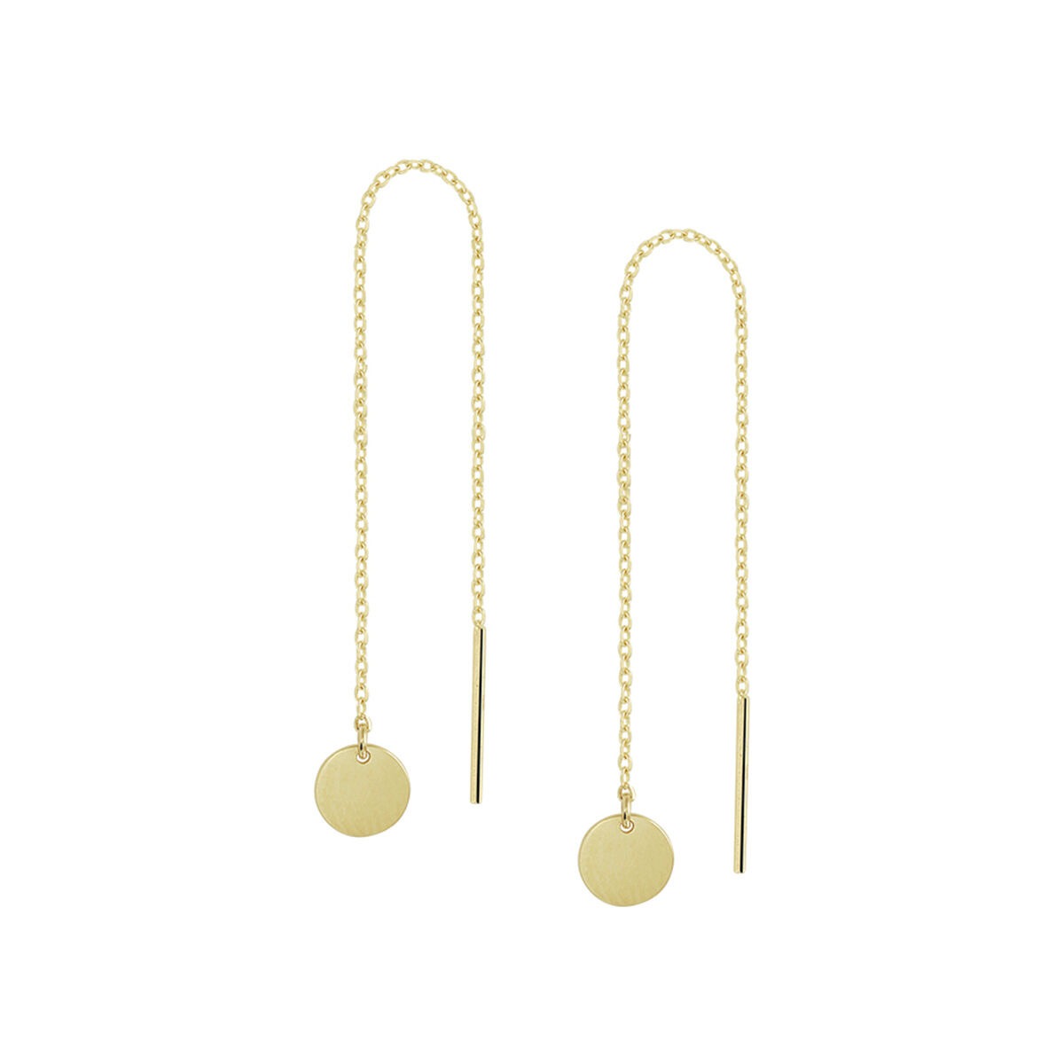 Pendientes largos de oro de 14k con disco y barra, con cadena delicada.