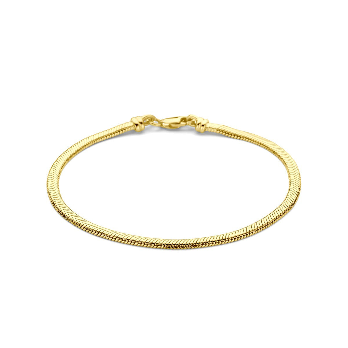 Pulsera de dama en oro amarillo de 14k con núcleo plateado, diseño liso y cierre de gancho.