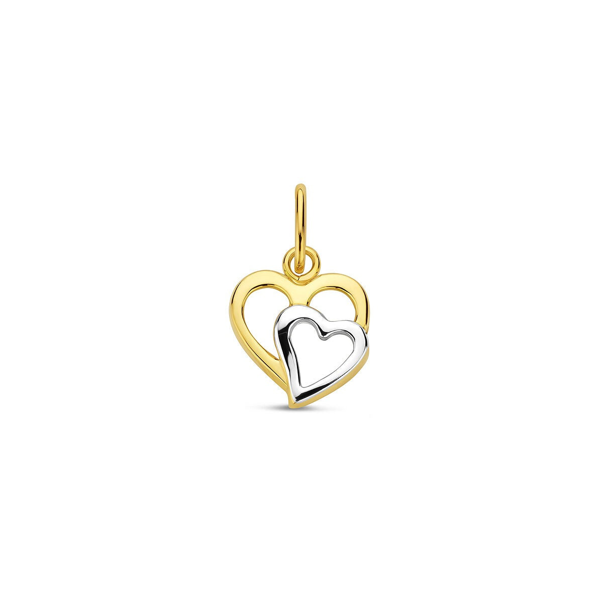 Colgante de corazón bicolor en oro de 9 quilates, con un diseño de corazones entrelazados.