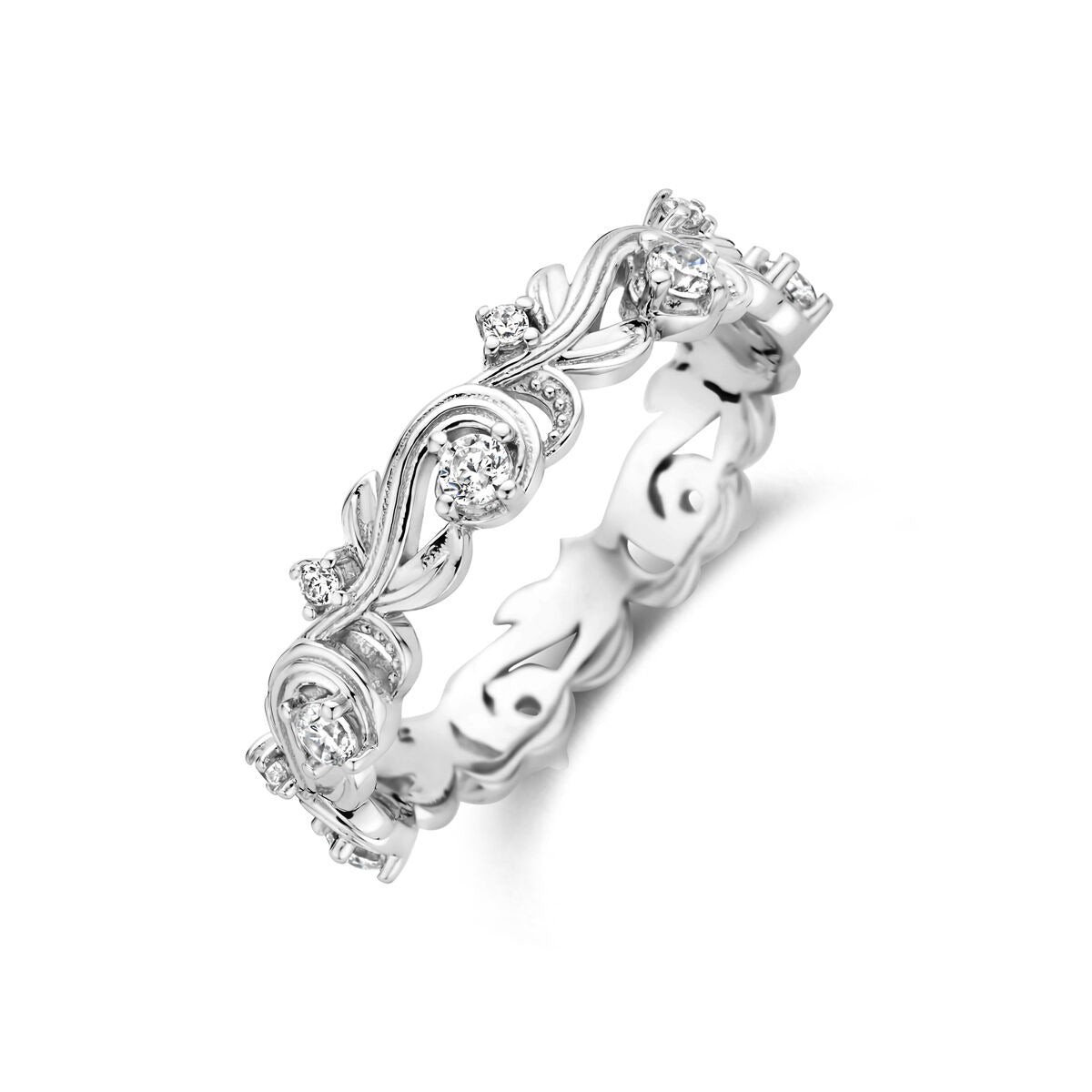 Anillo de plata 925 rodiada con zircón, diseño ondulado y detalles brillantes.