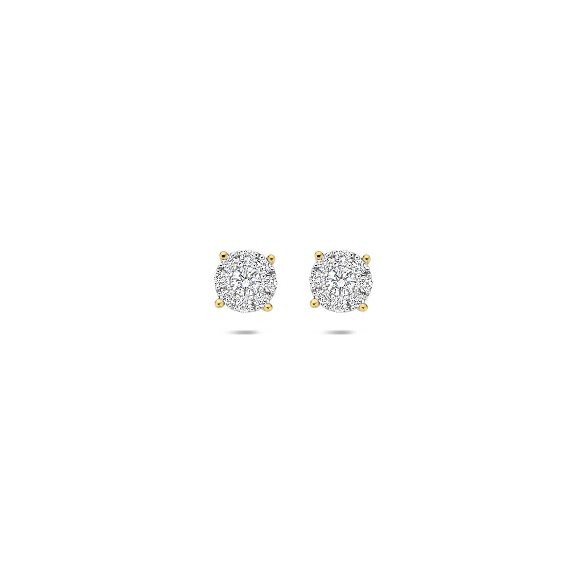 Pendientes bicolor de 14k con diamantes de 0.25ct y forma redonda de 5mm.