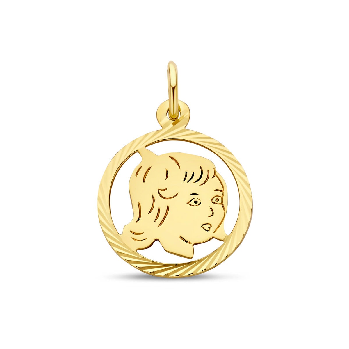 Colgante redondo de oro amarillo de 9k con diseño de cara de niña de 16 mm.