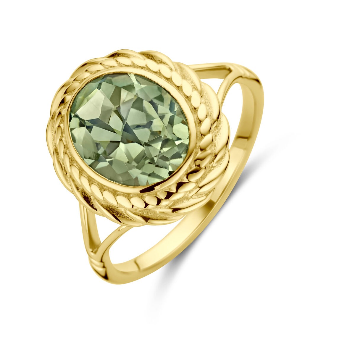 Anillo de oro 14k con amatista verde – engaste de entourage