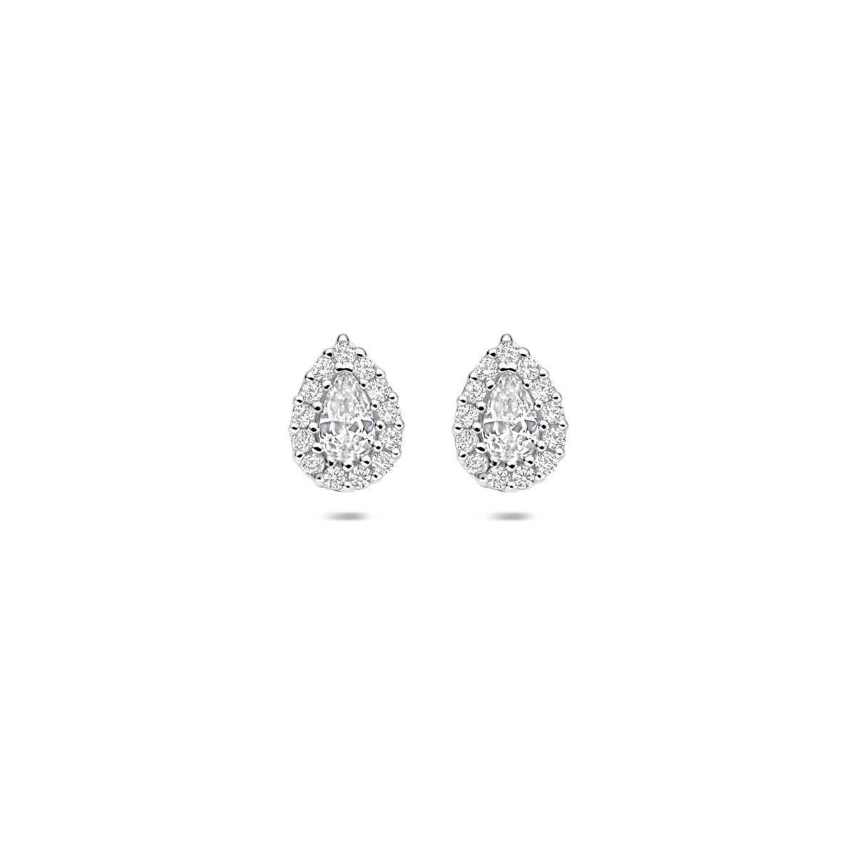 Pendientes de botón de plata con circonitas en forma de gota, acabado en rodio.